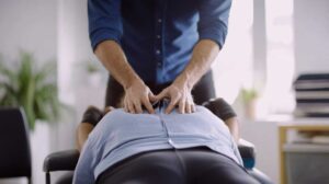 Clinician uses a smooth handheld instrument on a patient’s calf during a soft-tissue treatment session.